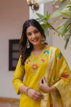 The52 Yellow Women's Gorgeous Embroidered work Viscose Gadhwal Fabric Straight Kurta, Pant and Dupatta Set | Grocsy