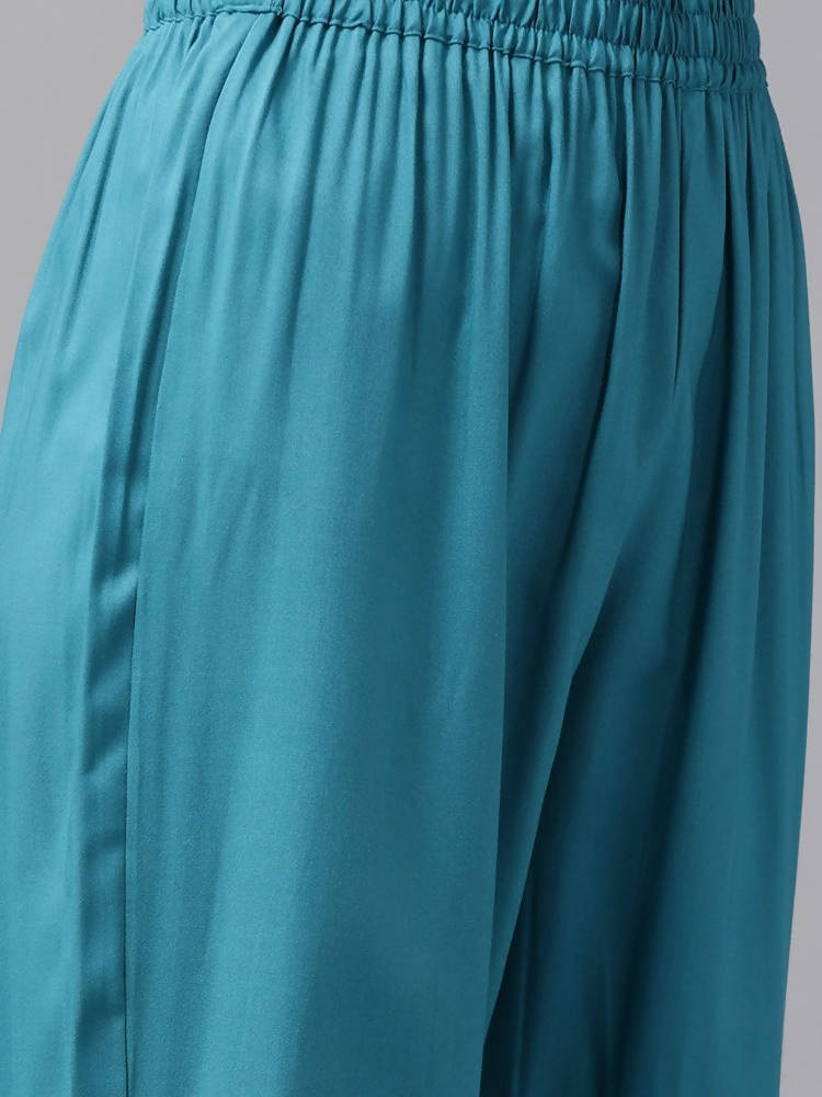 Yufta Women Teal Blue Solid Kurta with Trouser and Dupatta | Grocsy