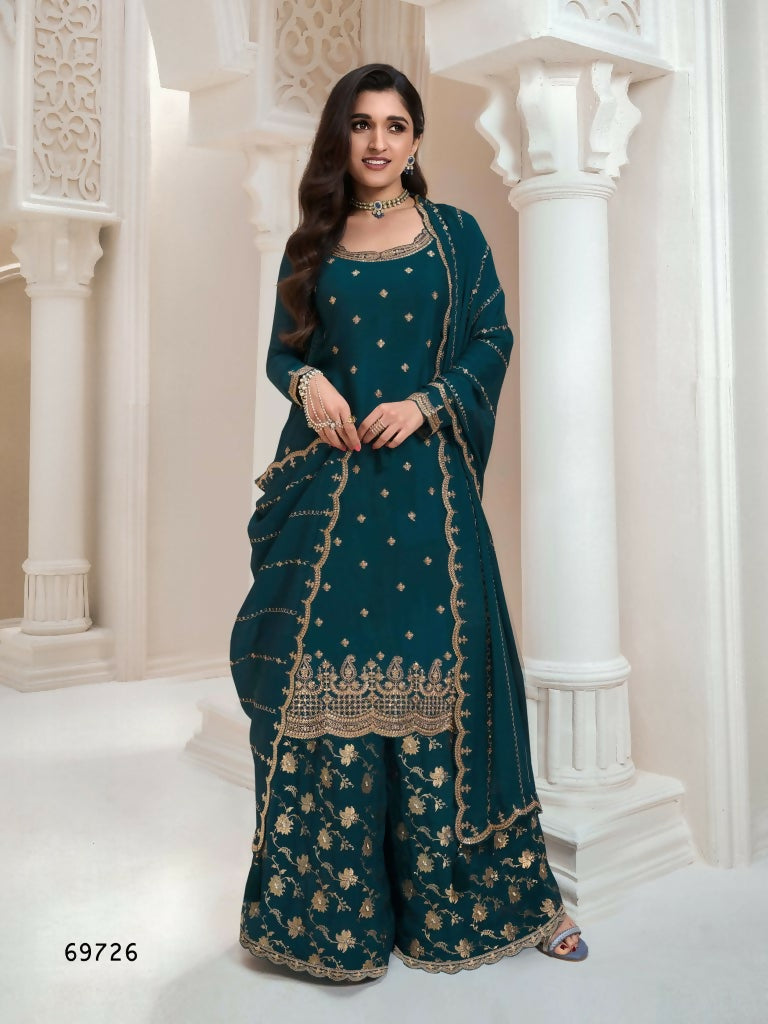 Vastranavya Exquisite Teal Heavy Chinon with Embroidered & Sequins Work Salwar Suits | Grocsy