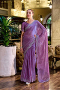 Vastranavya Lavender Embroidery Work Shimmer Chiffon Saree with Unstitched Blouse | Grocsy