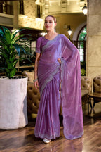 Vastranavya Lavender Embroidery Work Shimmer Chiffon Saree with Unstitched Blouse | Grocsy