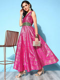 Ahalyaa Women Pink Poly Silk Gold Printed Dress | Grocsy