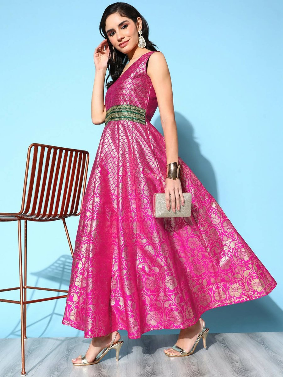 Ahalyaa Women Pink Poly Silk Gold Printed Dress | Grocsy