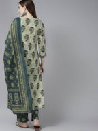 Yufta Women Beige Ethnic Motifs Aari Work Pure Cotton Kurta with Palazzo and Dupatta | Grocsy