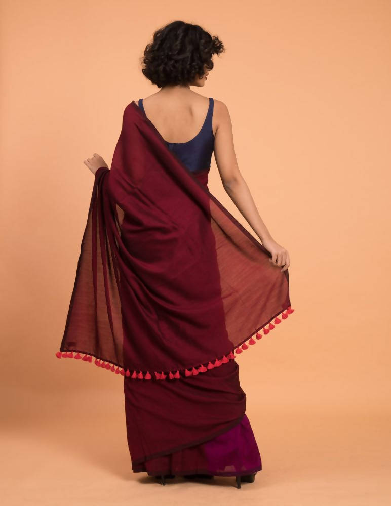 Suta Purple Maroon Colourblocked Cotton Acrylic Saree | Grocsy