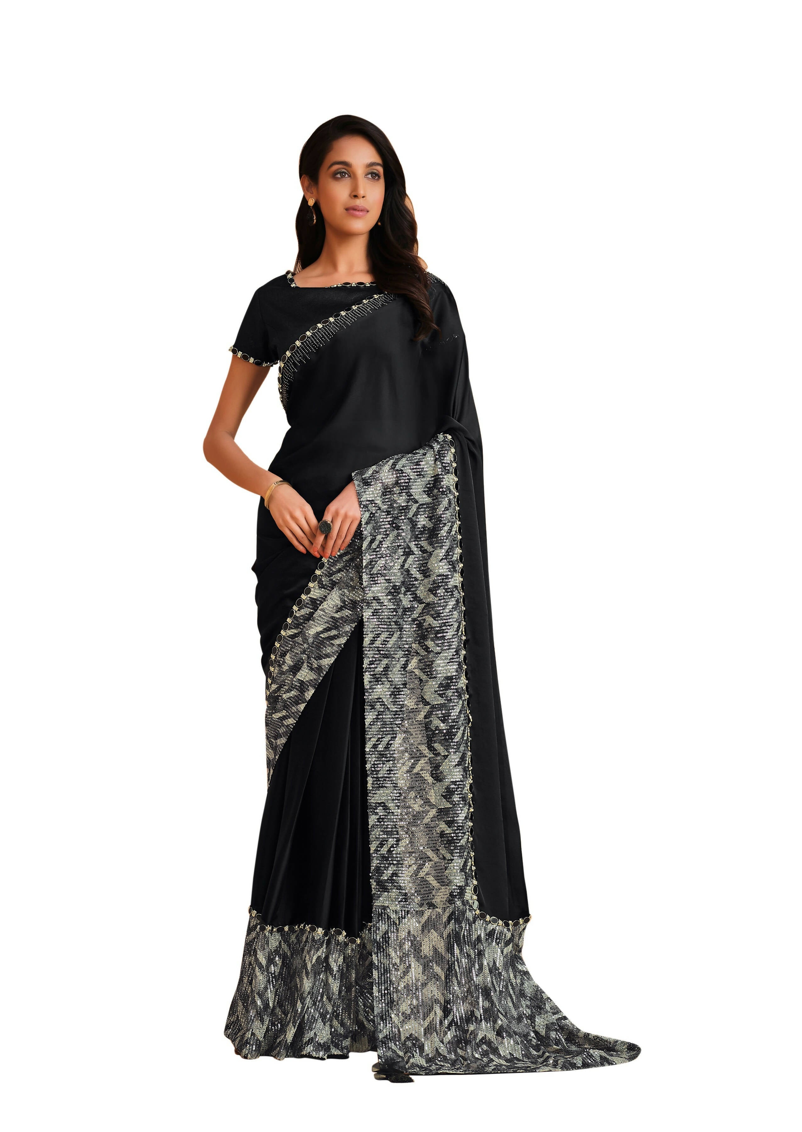Black Satin Crepe Silk Sequence Embroidered Saree With Unstitched Blouse - Mohmanthan Yavanika | Grocsy