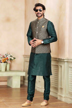 Raivat Ethnic Jacquard Banarasi Silk Woven Work 3 Pics Jacket Set In Green Colour | Grocsy