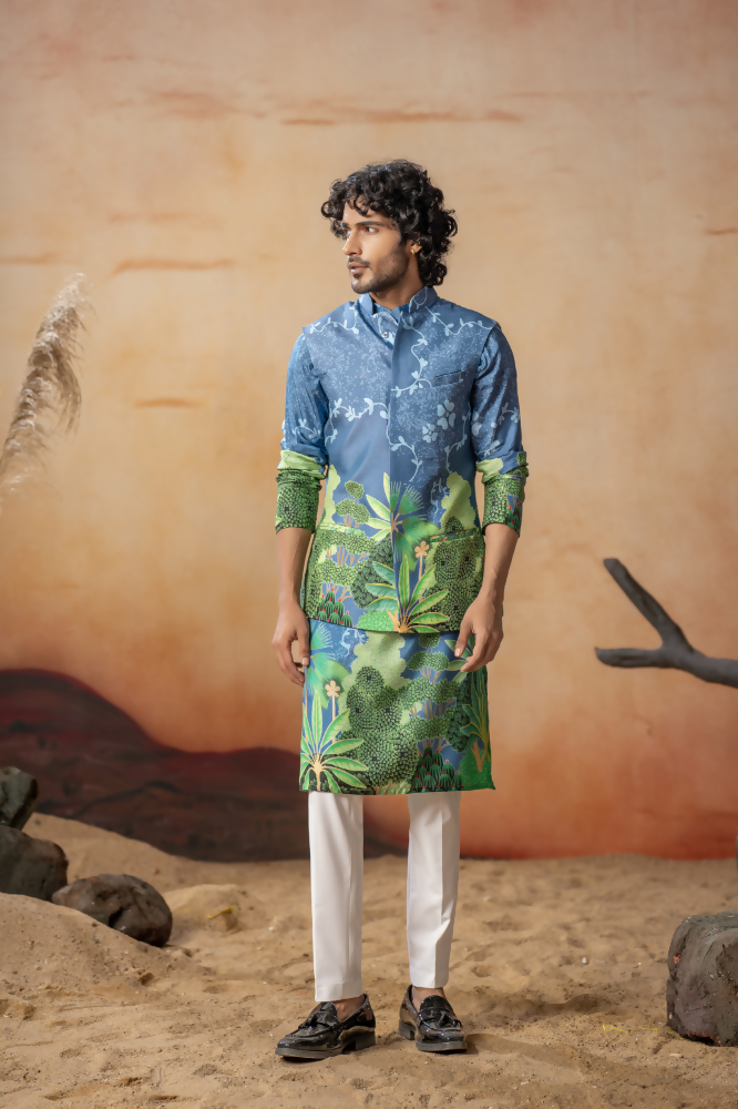 Tree Bark Classy Print Silk Nehrujacket Set by Hilo Design | Grocsy