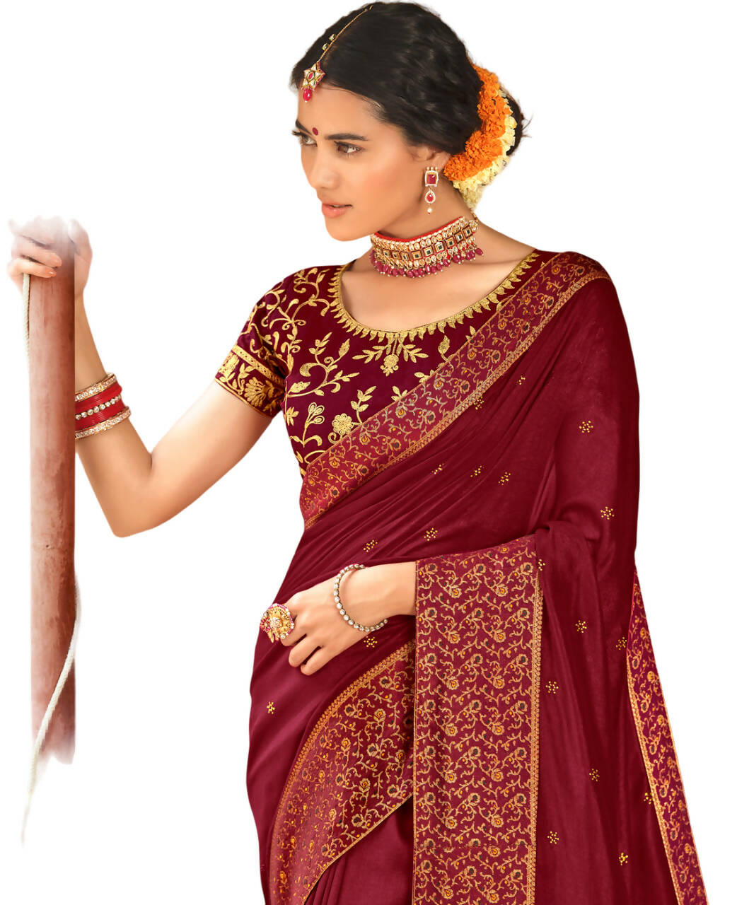 Maroon Vichitra Stone Work Saree With Unstitched Blouse Piece - Rosy | Grocsy