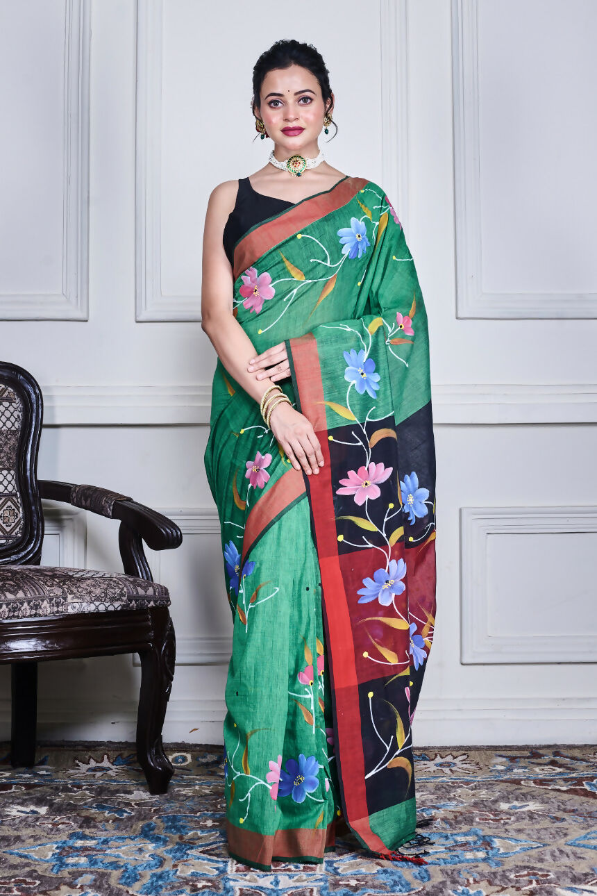 Morchari Multicolour Cotton Handloom Mirror Work Saree Unstitched Blouse | Grocsy