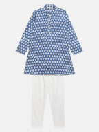 Ahalyaa Boys Blue Pure Cotton Porcian Print Kids Kurta Churidar Set | Grocsy