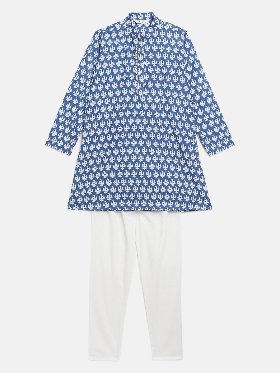Ahalyaa Boys Blue Pure Cotton Porcian Print Kids Kurta Churidar Set | Grocsy