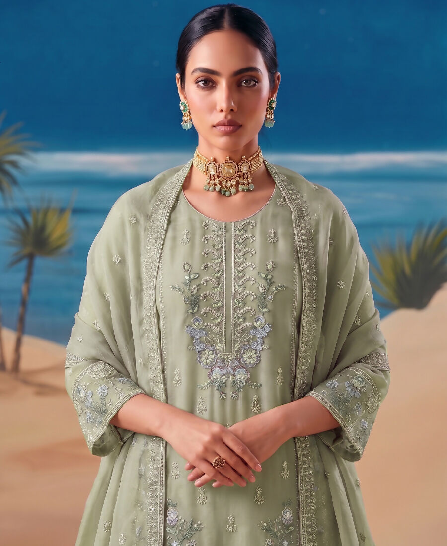 KC Heavy Chiffon Silk Green Hand Embroidered Straight Suit For Women Wedding | Grocsy
