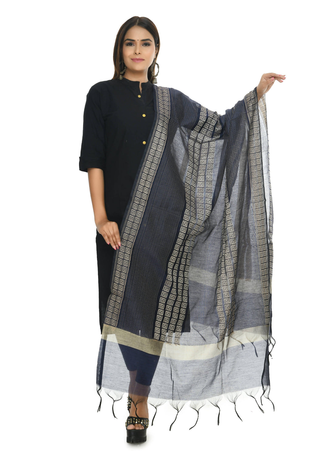 Mominos Fashion Moeza Handloom Cotton Navy Blue Dupatta | Grocsy