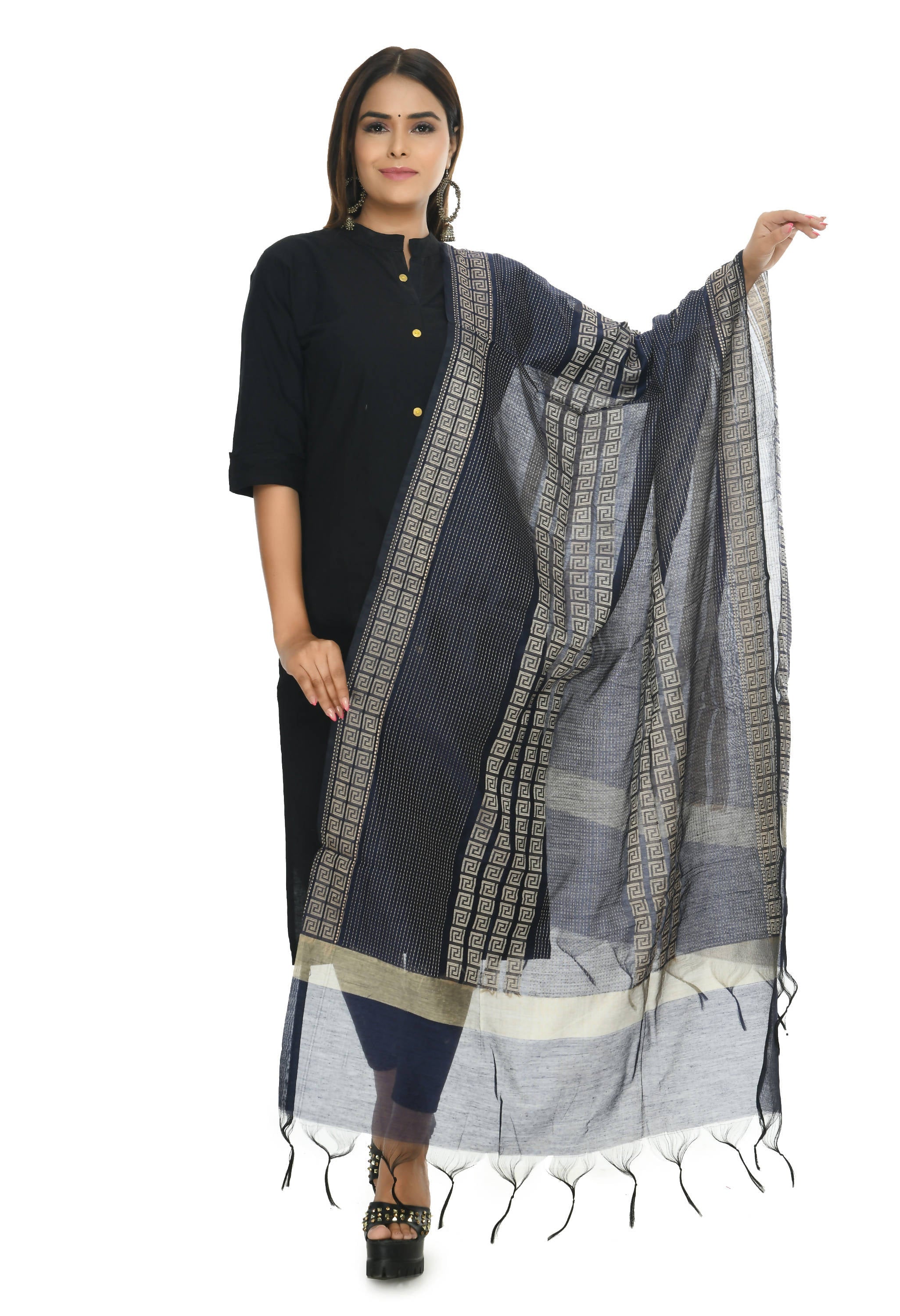 Mominos Fashion Moeza Handloom Cotton Navy Blue Dupatta | Grocsy