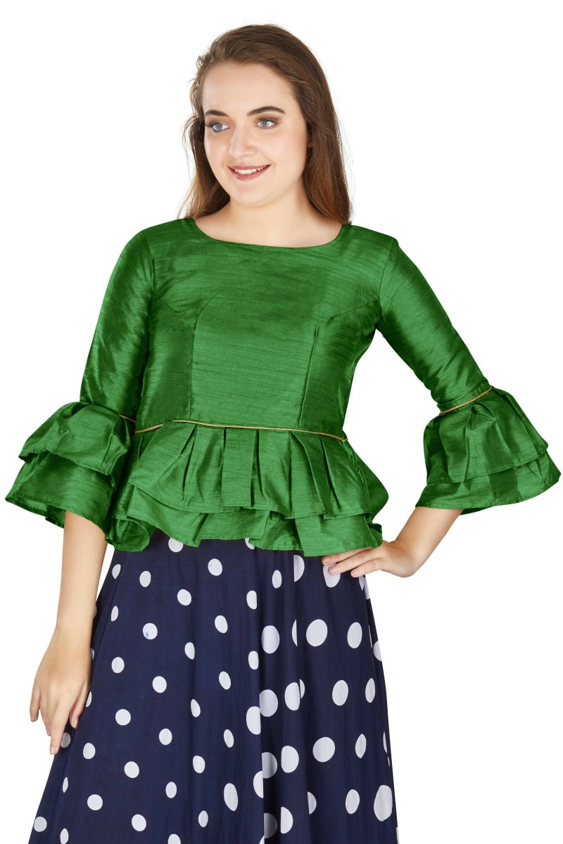 Aastha Fashion Women's Mehendi Art Silk Bell Sleeves attire with Poly Cotton Lining Blouse | Grocsy