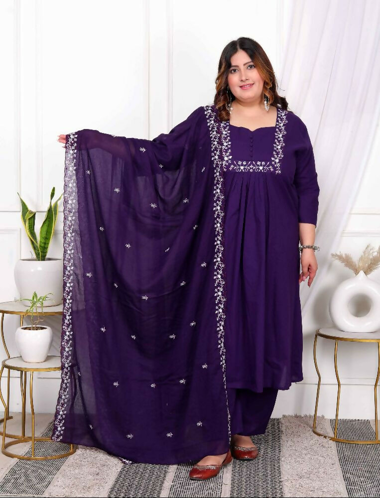 Miravan Womens Plus Size Purple Embroidered Kurta With Palazzo And Dupatta Set | Grocsy