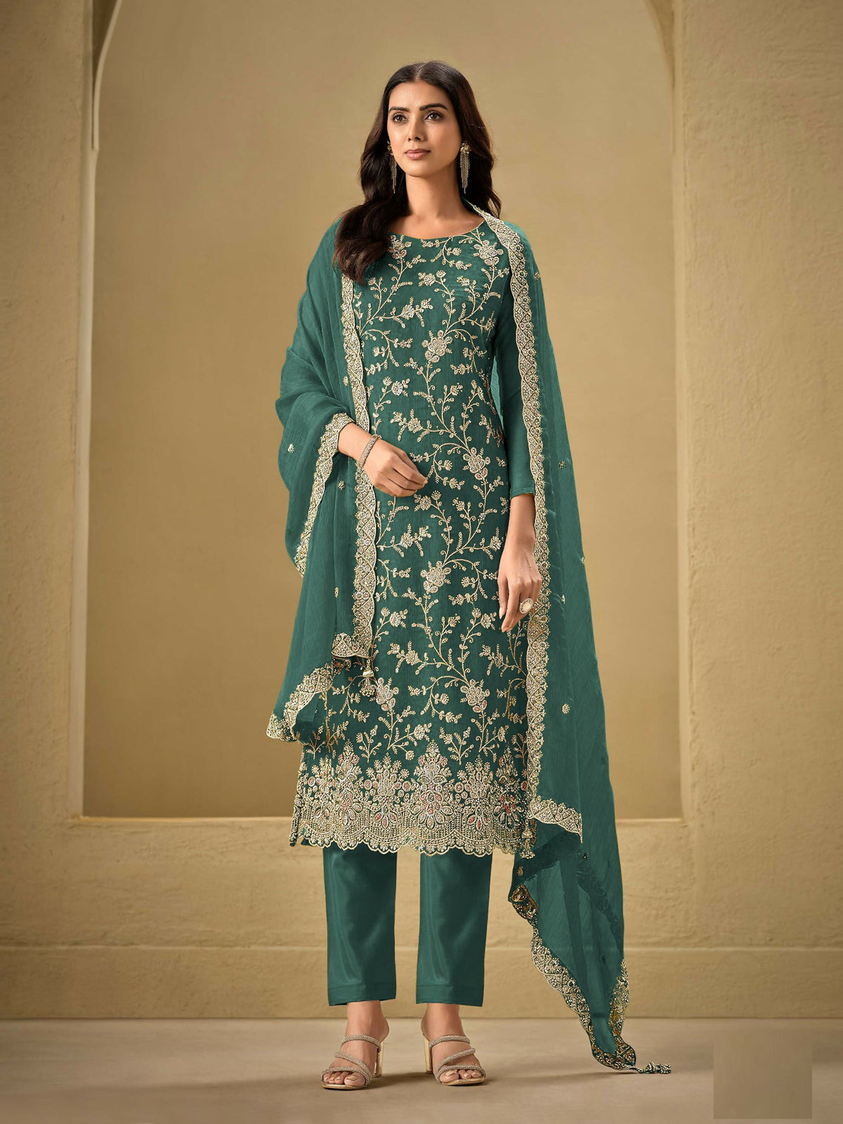 Anaita Teal Green Embroidered Silk Stitched Salwar Suit | Grocsy