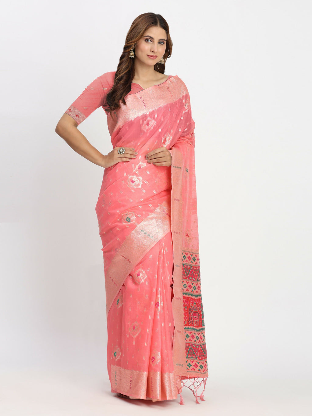 Shree Shyam Fashion Linen Cotton Peach Saree | Grocsy