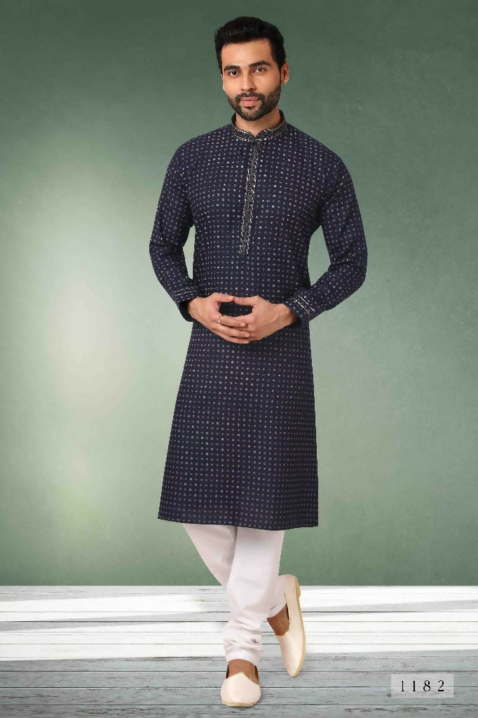 Raivat Ethnic Cotton Printed Work Kurta Pajama In Navy Blue Colour | Grocsy