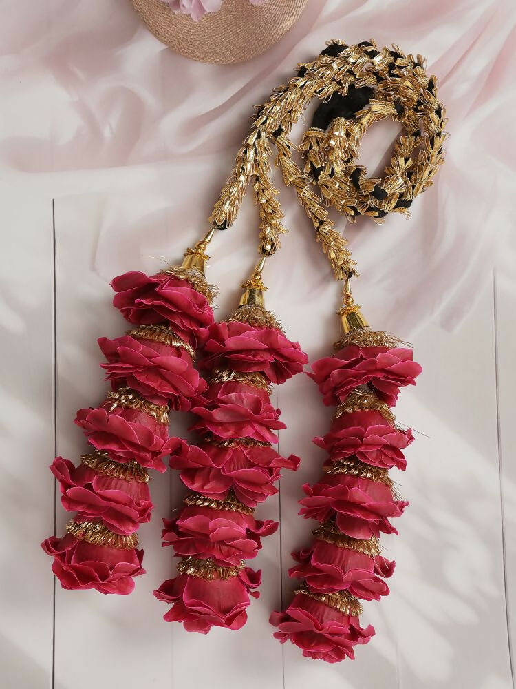 Ruby Raang Gold Gota Pati Work And Dark Pink Rosses With Black Thread & Golden Stones | Grocsy