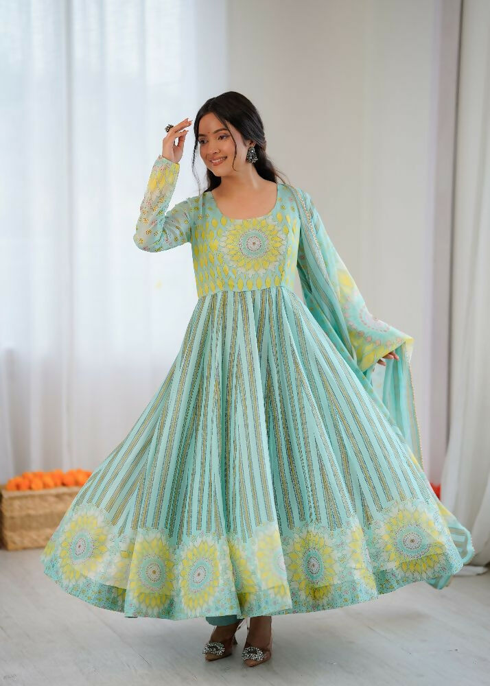 Teeya Creation Sky Soft Organza Digital Printed Party Wear Long Gown | Grocsy