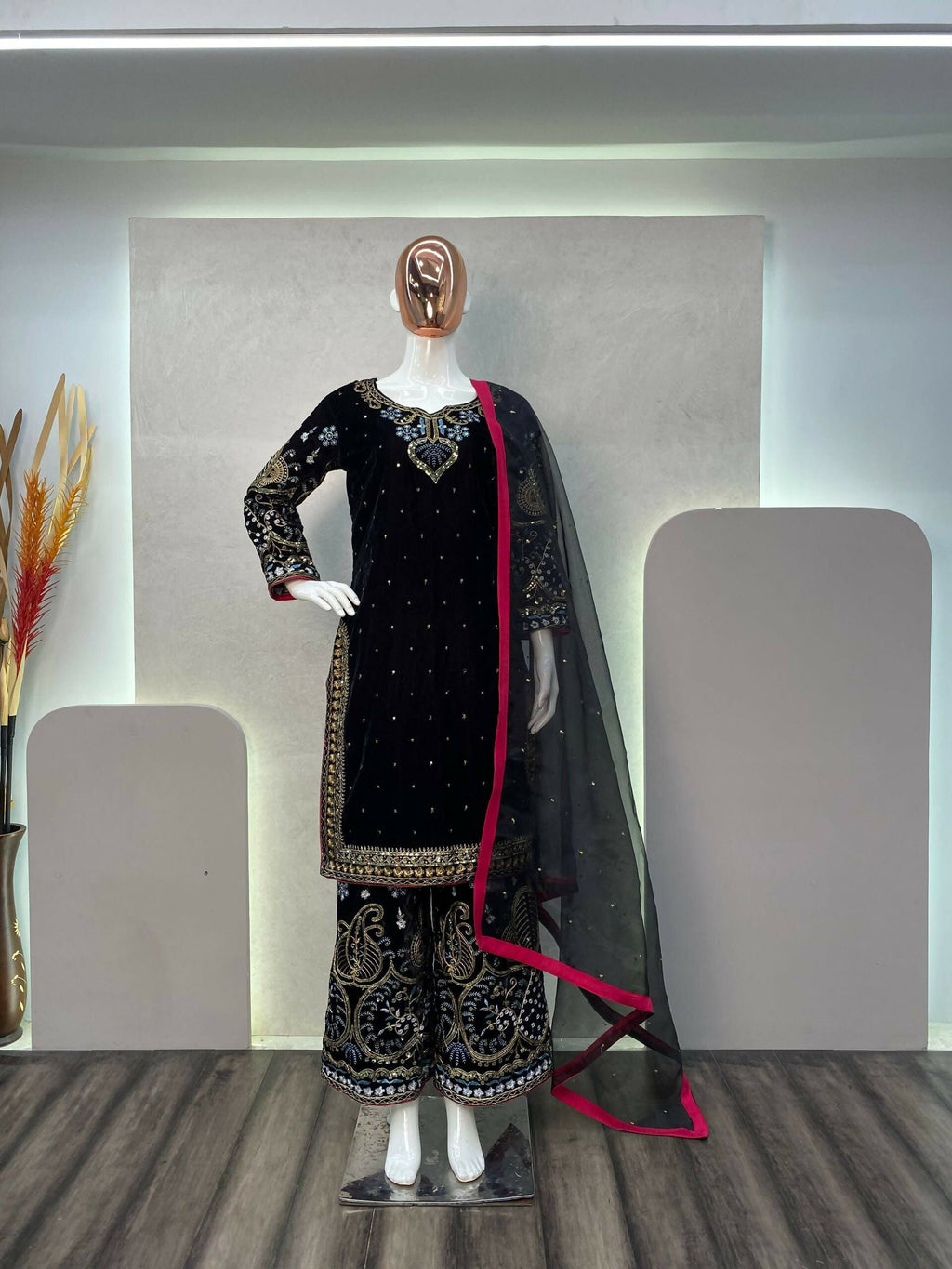 Vastranavya Black Viscose Velvet Cording Sequence Embroidery Work Suit With Dupatta | Grocsy
