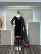 Vastranavya Black Viscose Velvet Cording Sequence Embroidery Work Suit With Dupatta | Grocsy