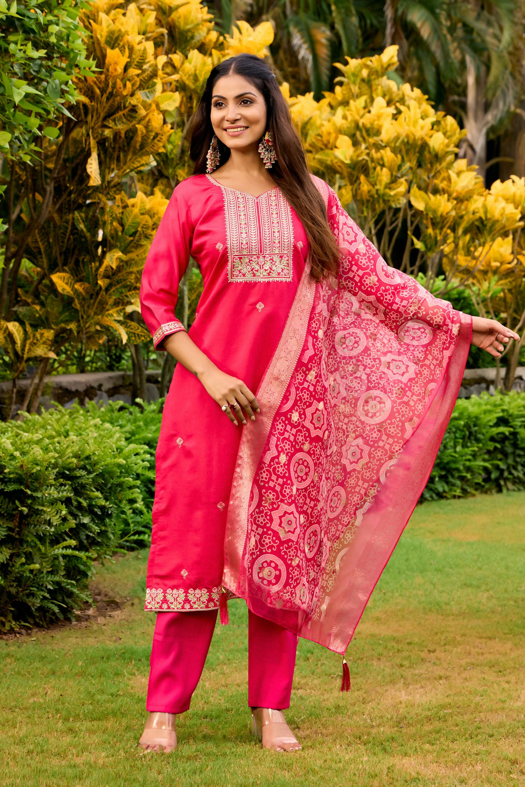 The52 Women's Beautiful Embroidery Work Roman Fabric Straight Kurta Pant and Dupatta Set | Grocsy