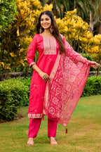The52 Women's Beautiful Embroidery Work Roman Fabric Straight Kurta Pant and Dupatta Set | Grocsy