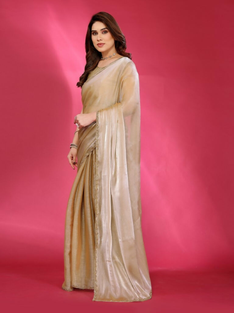 PR Fashion Bronze Jimmy Choo Fabric Palin With Work Lace Saree | Grocsy