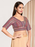 Joban Fashion Purple Multi Brocade Padded Blouse With V Neck Elbow Sleeves | Grocsy