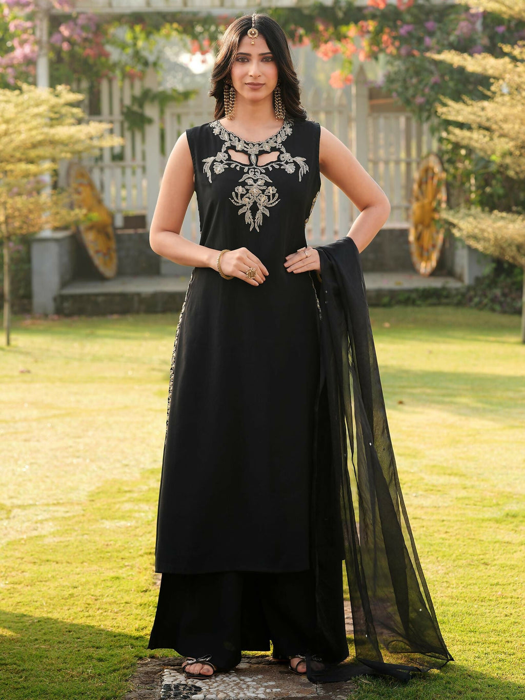 Nikhaar Black Embroidered Art Silk Stitched A Line Kurta Palazzo Dupatta Readymade Suit | Grocsy