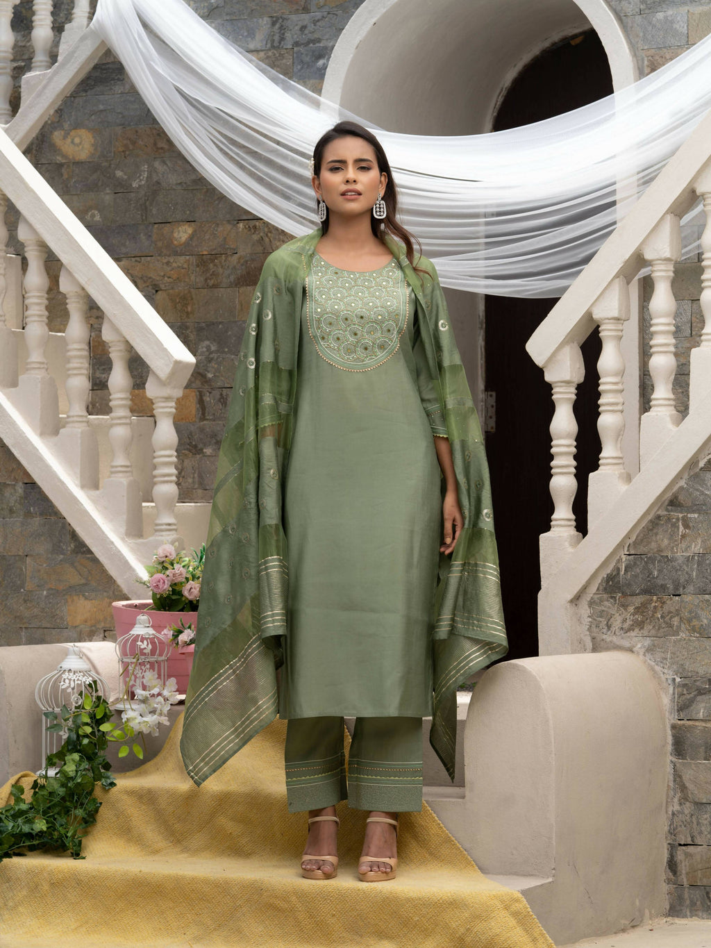 Green Roman Silk Plain Kurta with Pant & Dupatta - Disha | Grocsy