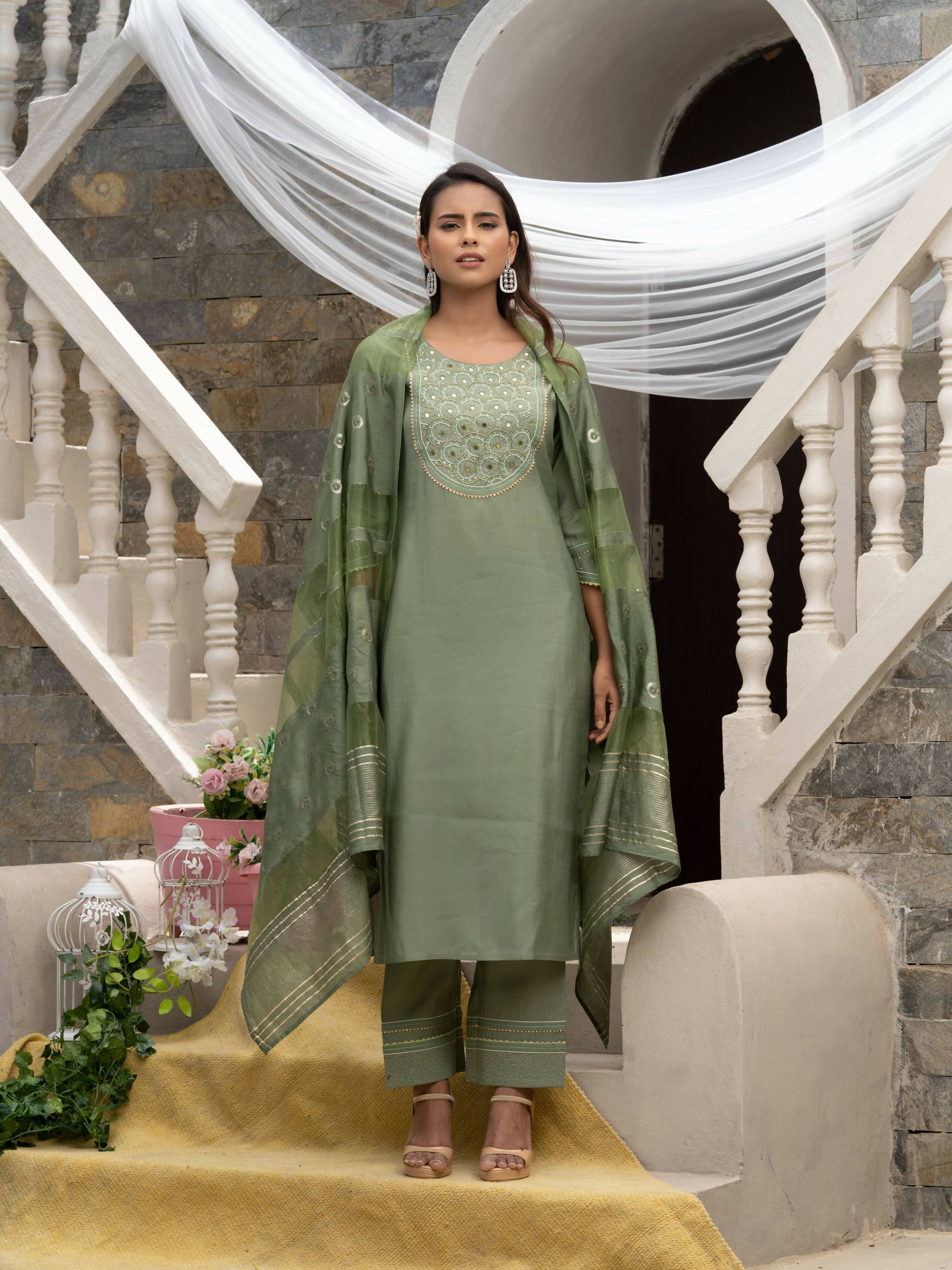 Green Roman Silk Plain Kurta with Pant & Dupatta - Disha | Grocsy