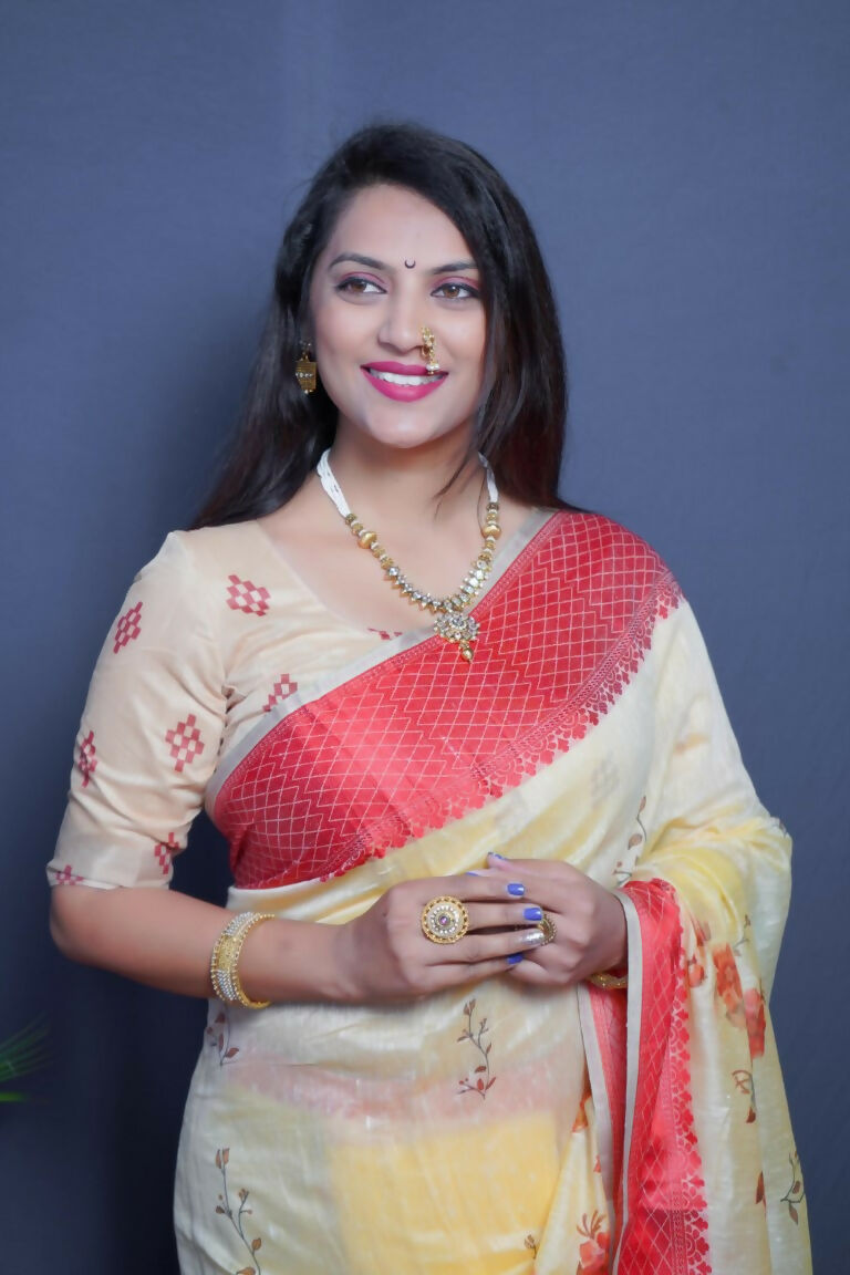 Jyoti Fashion Women's Red Linen Silk Digital Print with Jacquard Woven Border Saree with Blouse | Grocsy