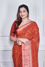 Morchari Red Script Printed Orzanga Saree Unstitched Blouse | Grocsy
