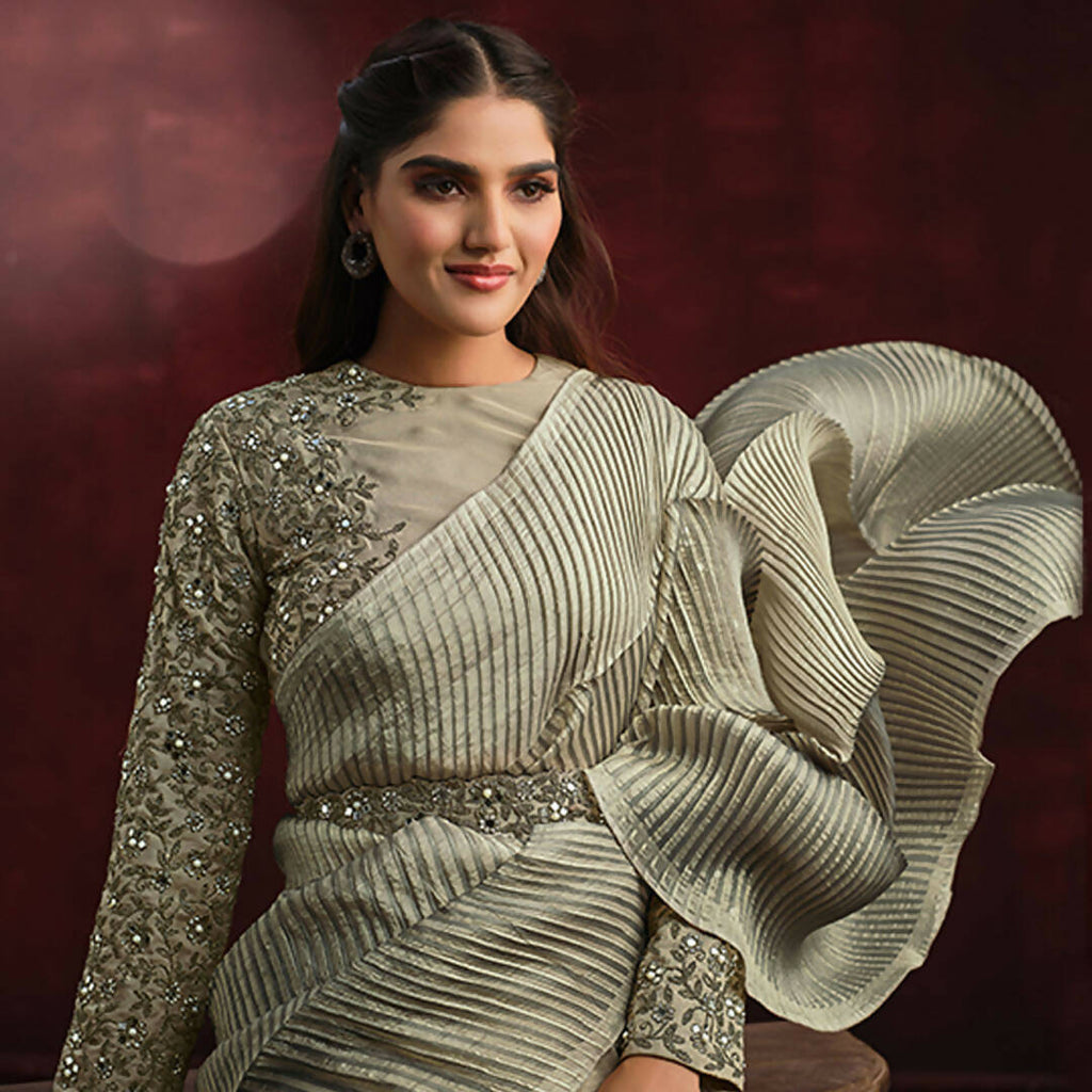 Olive Banarasi Crush Silk Sequence Thread & Stone Work/ Texture Pallu Saree - Mohmanthan Kimiya | Grocsy