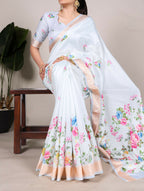 Vastranavya White Tussar Silk Printed with Viscose Border Saree with Unstitched Blouse | Grocsy