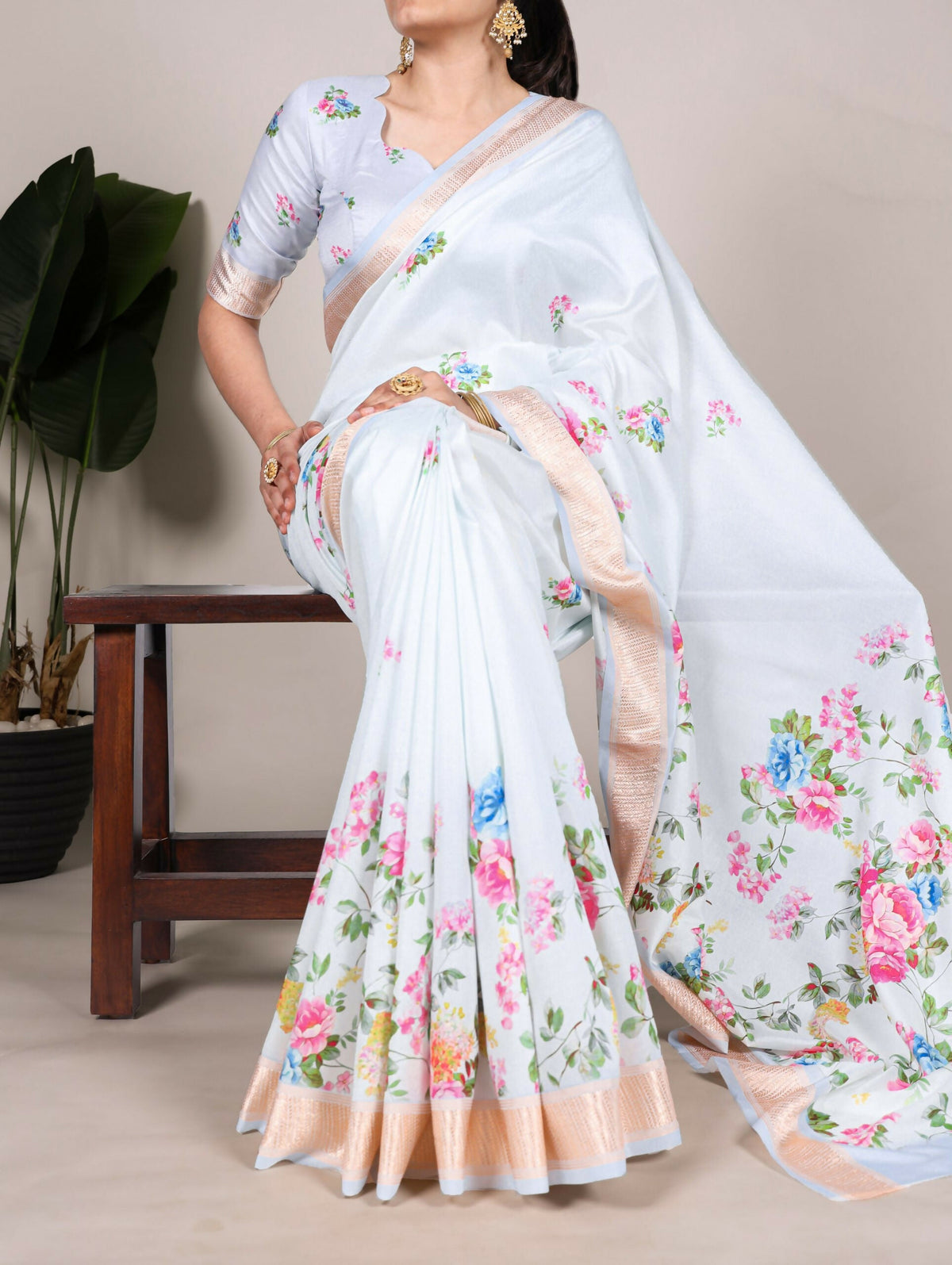 Vastranavya White Tussar Silk Printed with Viscose Border Saree with Unstitched Blouse | Grocsy