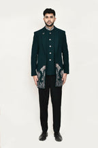 Joban Fashion Green Colored Imported Polyester Fabric Open Prince Coat, Jacket With Pant | Grocsy