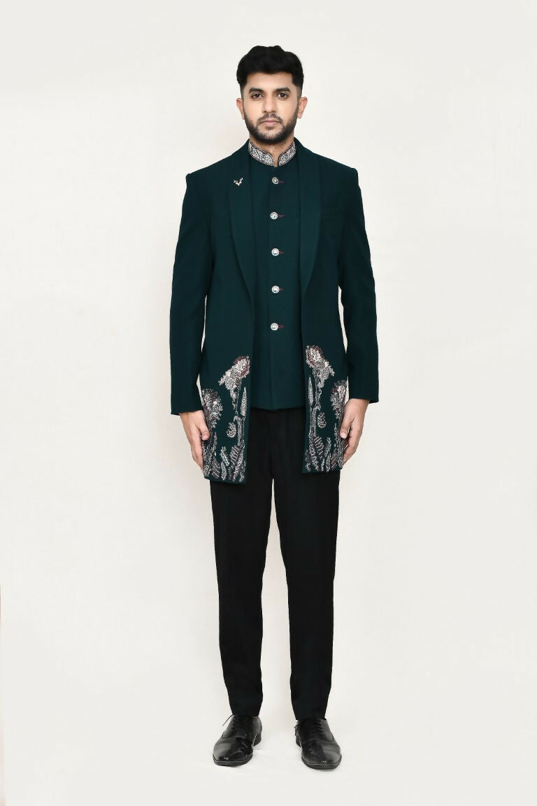 Joban Fashion Green Colored Imported Polyester Fabric Open Prince Coat, Jacket With Pant | Grocsy