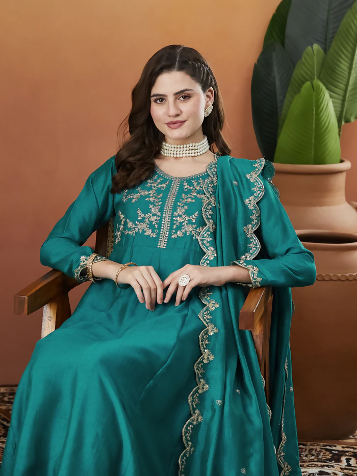The52 Rama Women's Beautiful Vichitra Silk Fabric Embroidered Work Flared Anarkali Pant and Dupatta Set | Grocsy