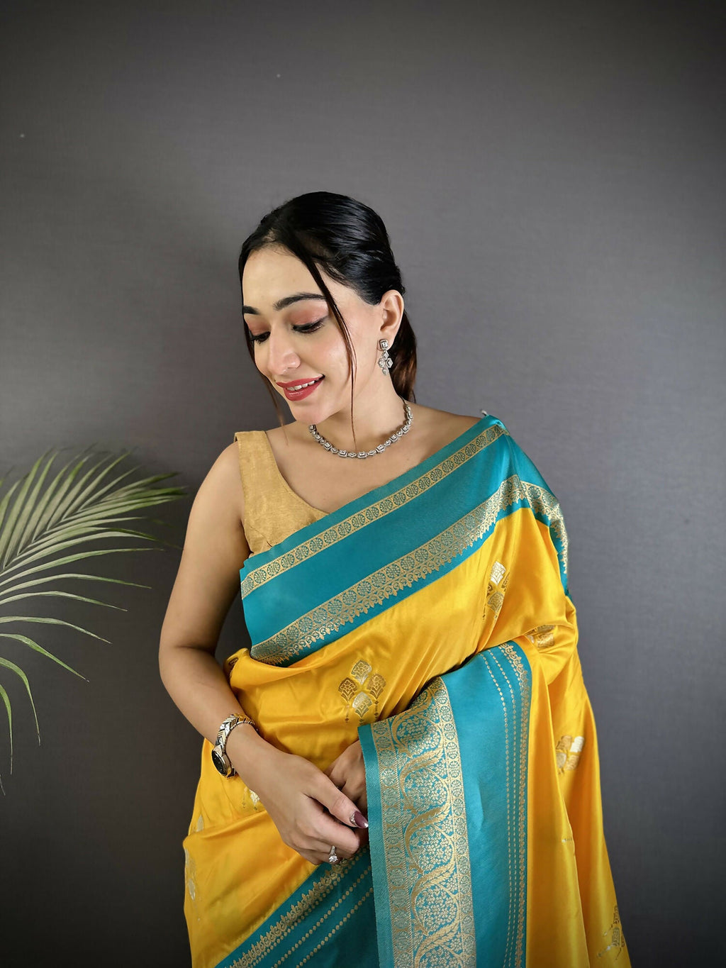 Joban Fashion Yellow Banarasi Soft Silk Woven Saree | Grocsy