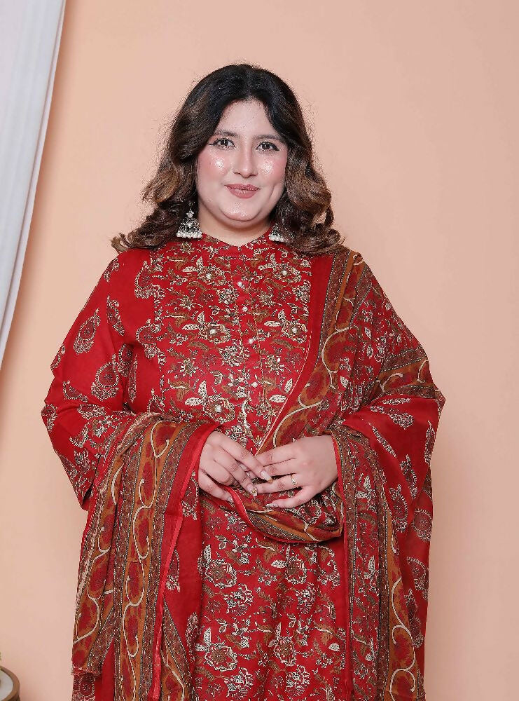 Miravan Women Floral Print Cotton Maroon Stitched Kurta Palazzo With Dupatta Set | Grocsy