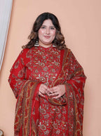 Miravan Women Floral Print Cotton Maroon Stitched Kurta Palazzo With Dupatta Set | Grocsy