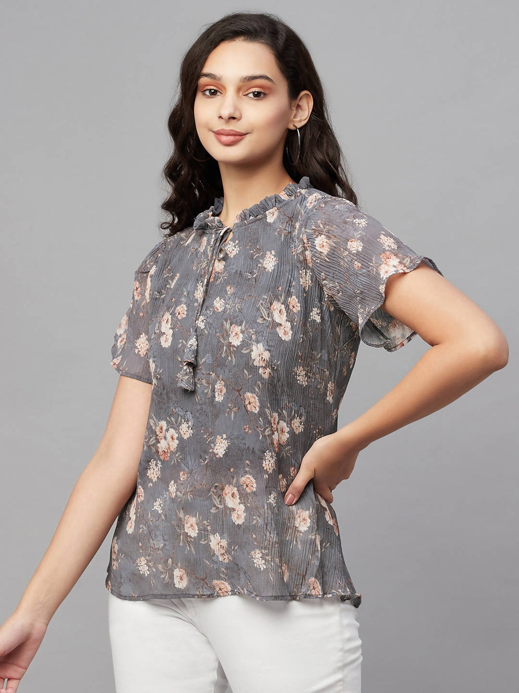 Myshka Grey Printed Half Sleeve Round Neck Top | Grocsy