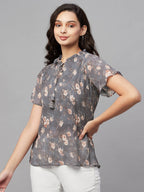 Myshka Grey Printed Half Sleeve Round Neck Top | Grocsy