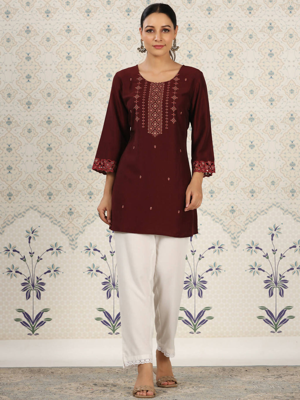 Maroon Chinon Embroidered Straight Top - Zeny | Grocsy