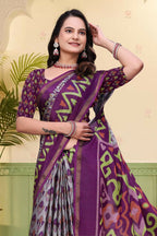 Prime Volt Mal Cotton Purple Ethnic Printed Saree with Designer Blouse Piece | Grocsy